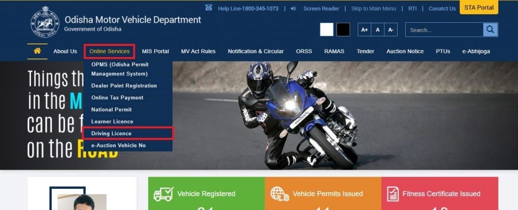 Hover over the “Online Services” tab.
Select “Driving Licence” from the drop down menu.