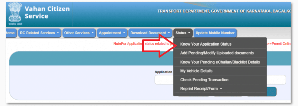 After logging in, click on Online Services, and select vehicle-related services.
Choose your state and RTO, then click on “Continue”.
Select the status tab and click on “know your application status”.