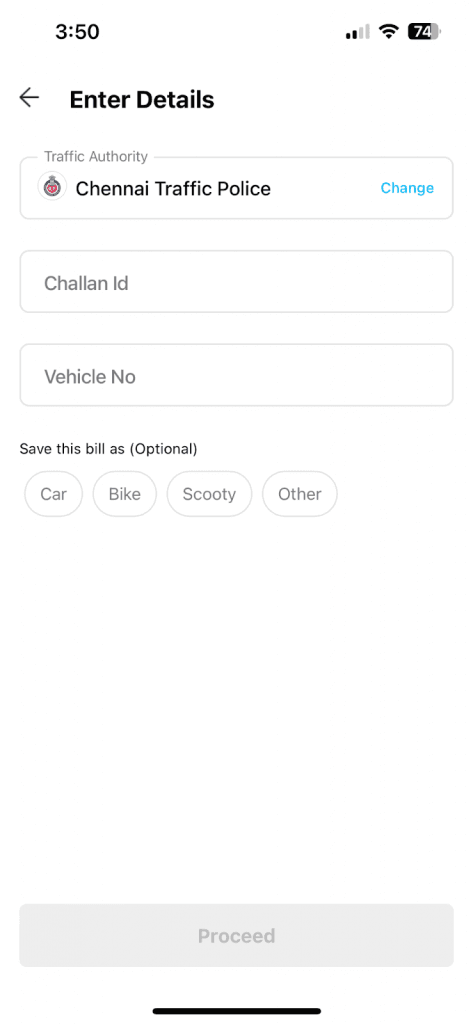 Field on paytm to select Traffic Authority challan Id
