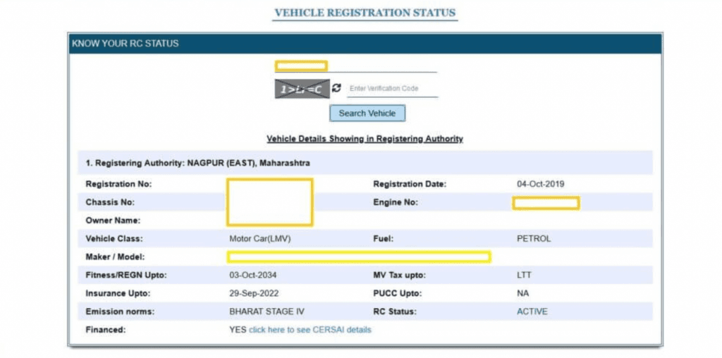 Enter the security Captcha and click on “Search Vehicle” to view the complete details of your vehicle and its status.
