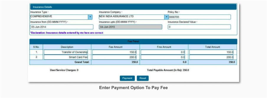 Make the online payment of ₹300 or ₹150 for four and two wheelers respectively.
After you’ve paid the fee, your payment receipt will be generated alongside Form 29 and 30.